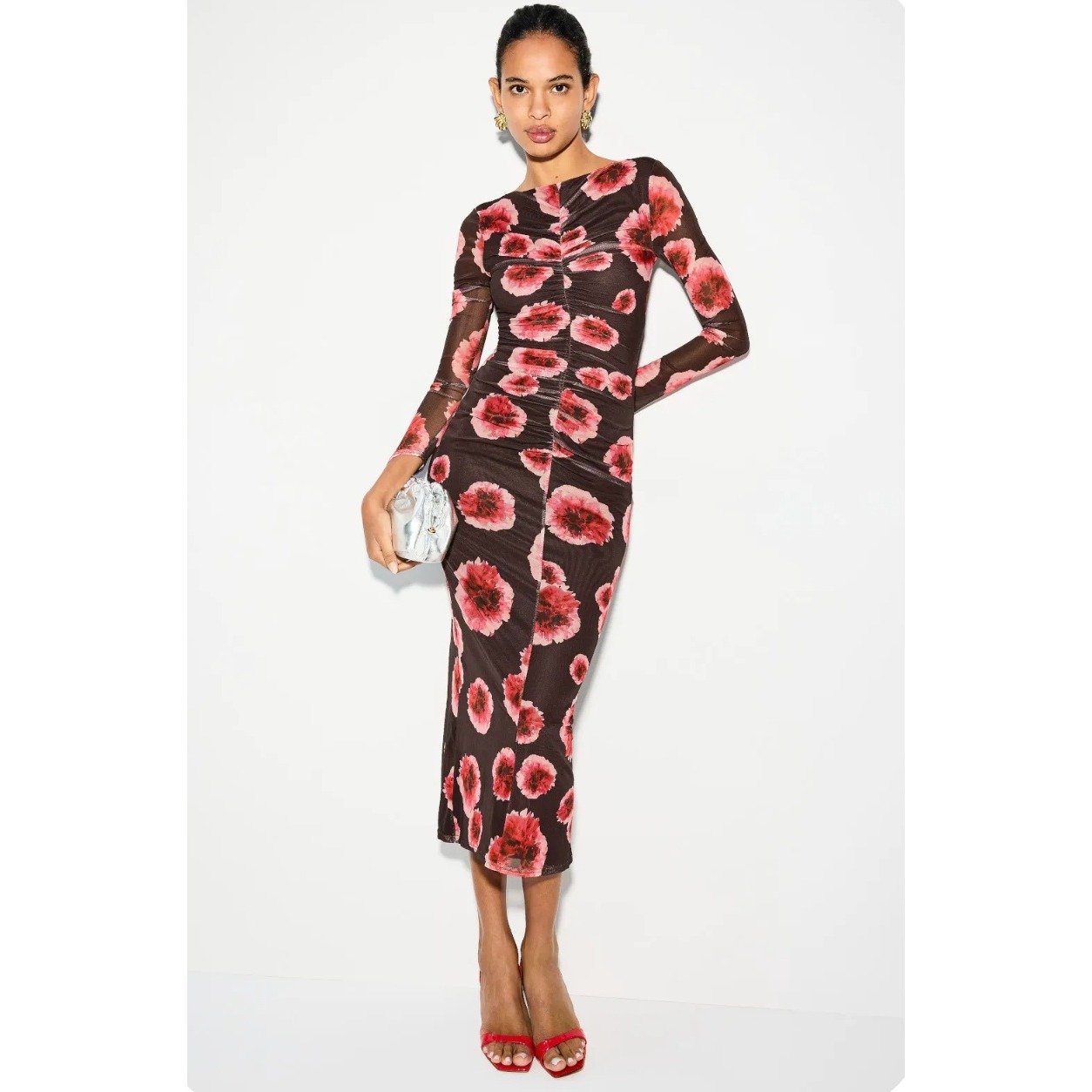 Suboo Frida Ruched Front Midi Dress Brown Pink Mesh Floral Long Sleeve Sz Xs